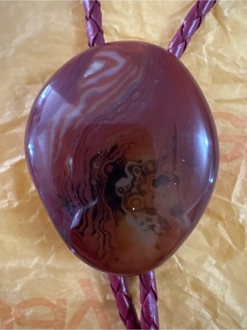 Bolo Tie with Maroon Agate Stone Pendant